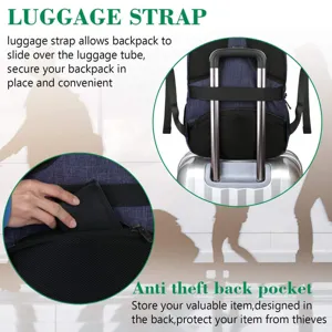 Detalle de correa para equipaje y bolsillo antirrobo en mochila de negocios para PC
