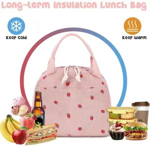 Insulated corduroy lunch bag with strawberry print for keeping food warm or cold.