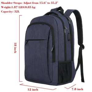 Mochila azul para portátil con capacidad de 32L y anotaciones de dimensiones