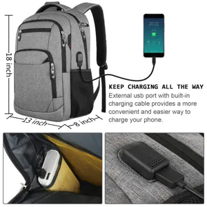 Detalle de mochila grande para portátil con puerto USB externo y almacenamiento interno