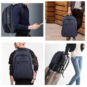 Detalles de la mochila azul para portátil con puerto USB y correa para equipaje.