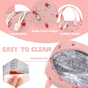 Detail view of pink corduroy strawberry lunch bag showing insulation and splash-proof material