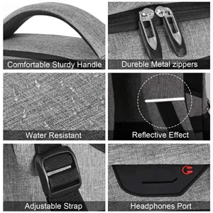 Detalles de las características de la mochila gris para portátil de negocios