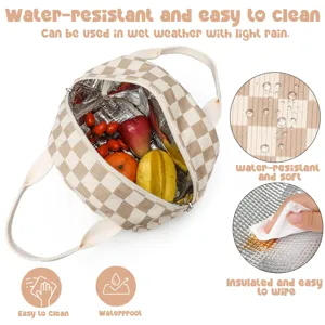 Detailed view of insulated corduroy checkerboard lunch bag with waterproof surface