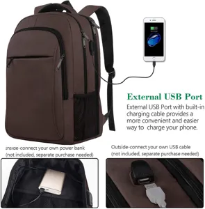 Vista detallada de la mochila marrón para portátil con puerto de carga USB externo.