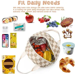 Large capacity checkered corduroy thermal lunch bag showing food storage capacity.