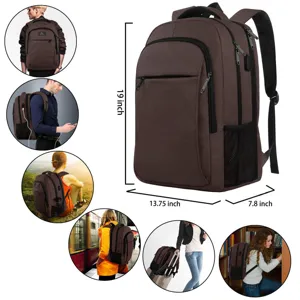 Mochila de negocios marrón de gran capacidad con puerto USB y dimensiones