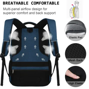 Vista detallada del respaldo de malla ergonómico y transpirable en una mochila azul