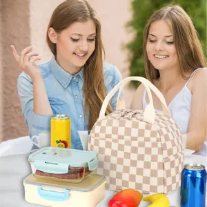 Large capacity corduroy checkered insulated lunch bag shown in an outdoor picnic scene.