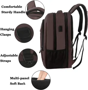 Detalle de mochila para portátil marrón con asa resistente y acolchado trasero transpirable.