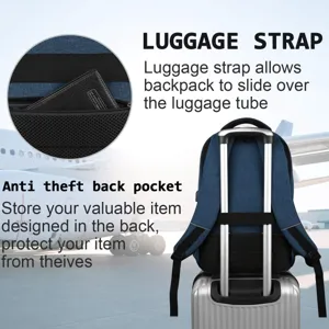 Detalle de mochila de viaje con correa para equipaje y bolsillo trasero antirrobo