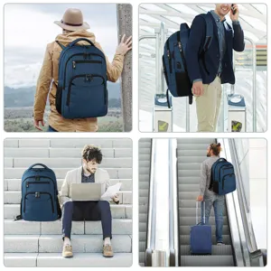 Collage de estilo de vida de una mochila azul para portátil en varios escenarios.