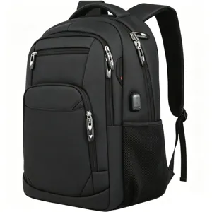 Mochila negra para portátil de negocios con múltiples compartimentos y puerto de carga USB
