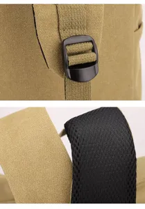 Detail of breathable mesh shoulder straps and adjustable buckle on canvas backpack