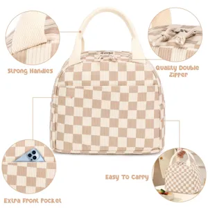 Detail features of corduroy checkered insulated lunch bag with extra front pocket