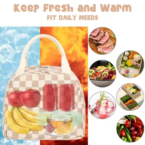 Detailed view of insulated checkered lunch bag showing cooling and warming capabilities