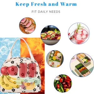 Floral corduroy insulated lunch bag detail showing hot and cold food storage capacity