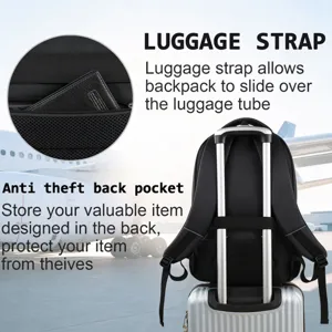 Vista trasera de mochila de viaje negra con correa de equipaje y bolsillo antirrobo