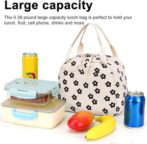 Large capacity corduroy lunch bag with floral pattern shown with food containers