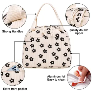 Detail view of floral corduroy lunch bag showing handles, zipper and insulated lining