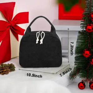 Detail view of black corduroy insulated lunch bag showing dimensions in inches