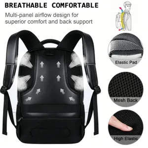 Detalle de la mochila de negocios negra para portátil con espalda de malla transpirable.