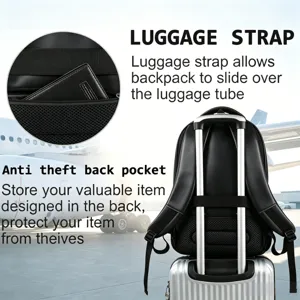 Vista posterior de mochila de viaje negra con correa para equipaje y bolsillo antirrobo