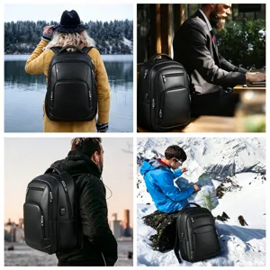 Collage que muestra una mochila de negocios negra en varios entornos al aire libre.