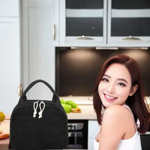 Black corduroy insulated lunch bag for women with large capacity and soft rope pulls.