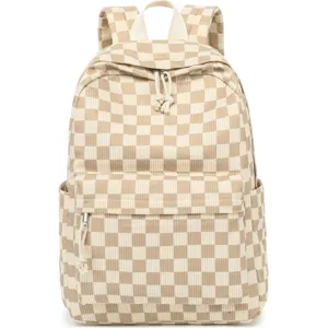 Detailed front view of a stylish beige checkered corduroy backpack with knotted zipper pulls