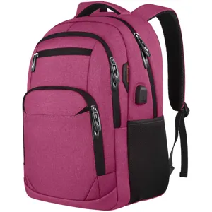 Vista detallada de mochila magenta para portátil con bolsillos de cremallera y puerto USB.