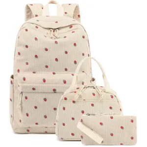 Strawberry corduroy 3-piece bag set including backpack, lunch bag and matching pouch