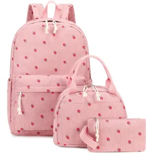 Detail view of a 3-piece pink corduroy bag set with strawberry prints on white background.