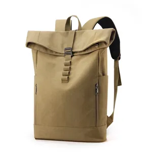 Detailed view of the khaki roll-top laptop backpack for business and travel