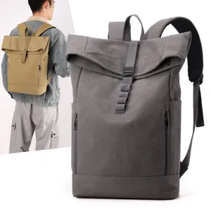 Professional urban roll-top canvas backpack for travel and laptop storage in grey and khaki