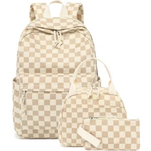 High-quality detail view of 3pcs beige corduroy checkerboard backpack and lunch bag set