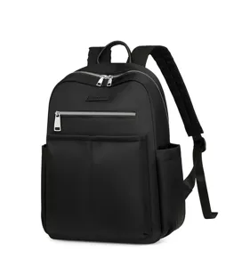 Detailansicht eines minimalistischen schwarzen Oxford-Rucksacks für Damen mit Reißverschlüssen