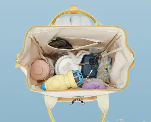 Detailed top view showing internal compartments of a large capacity diaper backpack