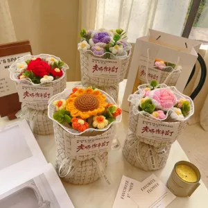 Handmade Knitted Crochet Flower Bouquet Sunflower Rose Artificial Floral Gift With Gift Bag For Teacher Mother Women