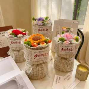 Handmade crochet flower bouquet knitted sunflower potted gift for teachers day decoration