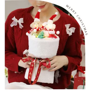 Plush Christmas bear and rabbit bouquet gift with LED lights and festive red ribbon