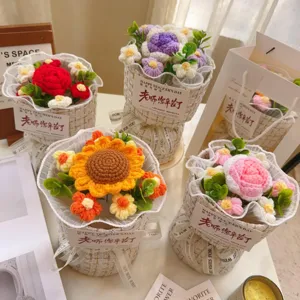 Handmade crochet flower bouquet gift, knitted sunflower rose in tweed pot, perfect decor.