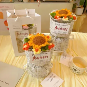 Handmade crochet sunflower bouquet detail view, elegant tweed pot gift for teachers.