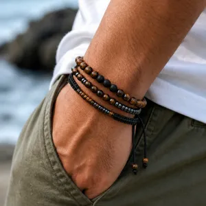 Ensemble de 3 Bracelets pour Hommes en Pierre Oeil de Tigre et Pierre de Lave Perles Rondes Fait Main Ajustable Hématite Bijoux Homme