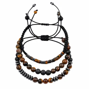 Ensemble de 3 bracelets pour hommes en œil de tigre et pierre de lave de 8 mm réglables