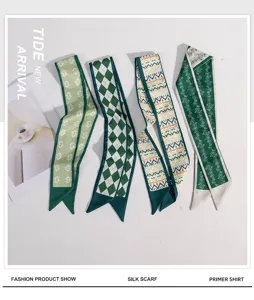 Green skinny silk scarf for women, versatile twilly for handbag ribbon, hair band and neck scarf.