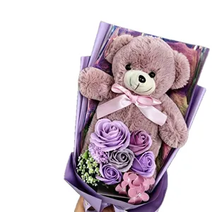 Purple soap rose bouquet with cute plush teddy bear, ideal gift for graduation and Valentine.