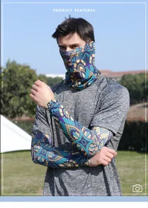Sun protection ice silk sleeves and face mask detail showing mandala print fabric and fit.