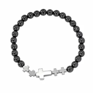 Pulsera religiosa de hematita para hombre con dijes de cruz de plata, cuentas de 8mm