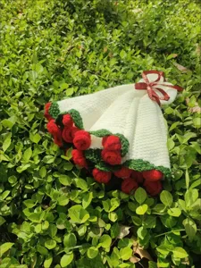 Detailed view of handmade crochet rose blanket bouquet with white knit and red flower edge.